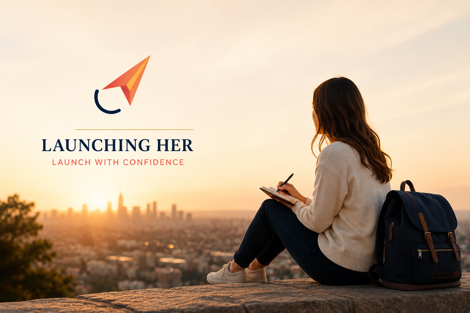 A woman sitting on a ledge with a backpack, writing in a notebook, overlooking a cityscape at sunset.