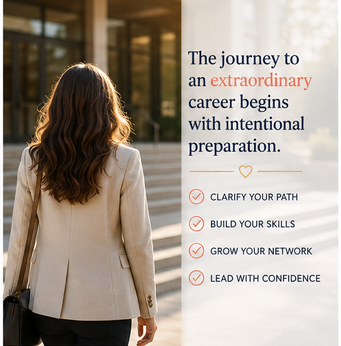 A woman with brown hair wearing a beige blazer walking outside of a modern glass building, with a promotional message about career development on a poster beside her.