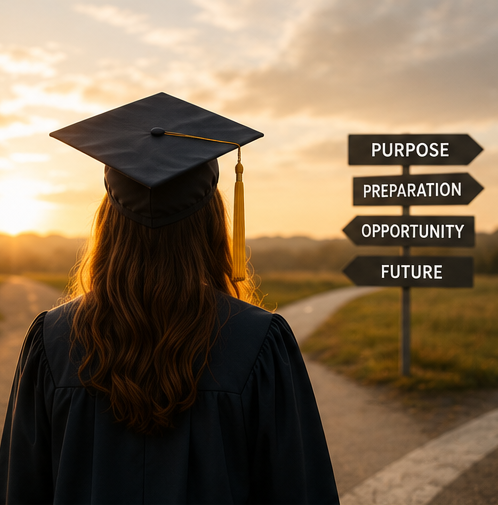 A graduate wearing a cap and gown looking at a signpost with arrows labeled Purpose, Preparation, Opportunity, Future against a sunset sky.