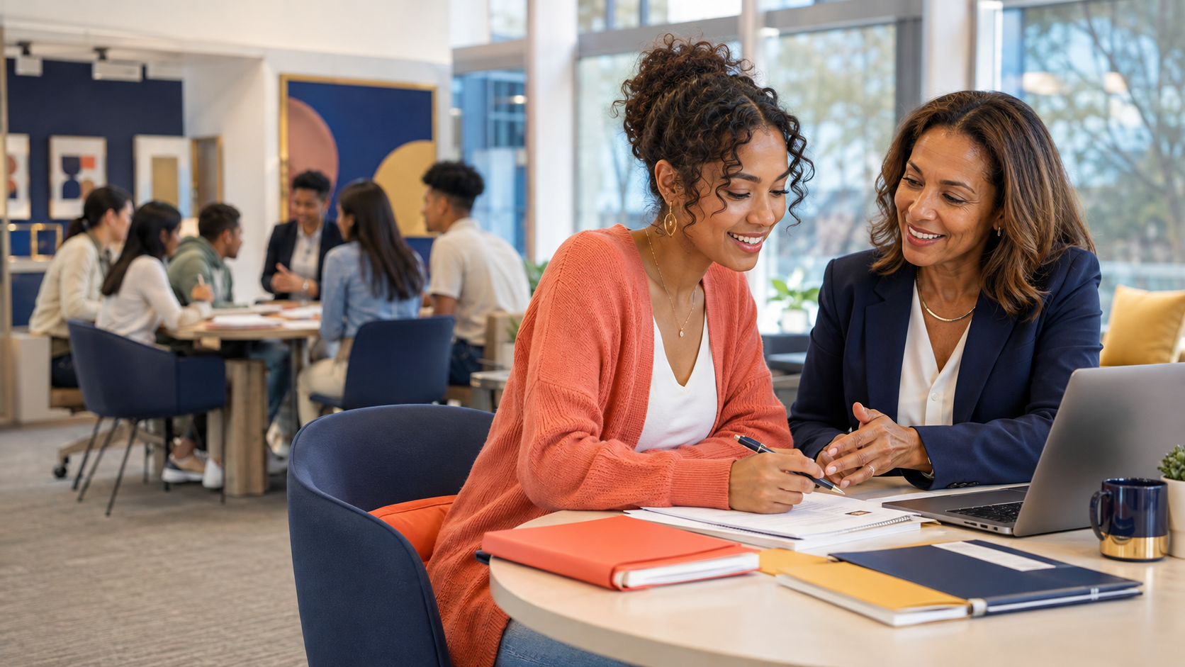 Two women, one younger and one older, sitting at a table in a modern, well-lit office or coworking space, looking at documents and smiling, with a laptop and notebooks on the table. In the background, a group of people are engaged in a discussion around a table.