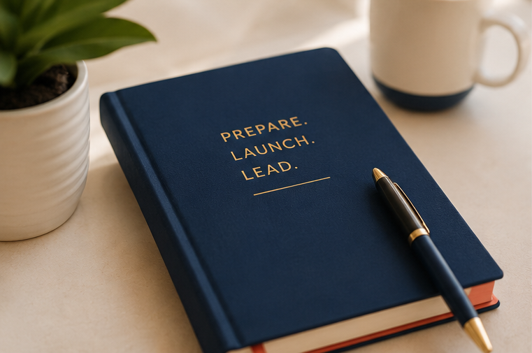 Blue notebook with the words 'Prepare. Launch. Lead.' in gold text, a black and gold pen resting on it, a potted plant to the left, and a white mug in the background on a white surface.