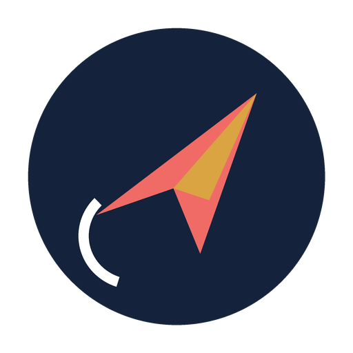 Navigation compass with a dark blue background and white, orange, yellow, and red markings.