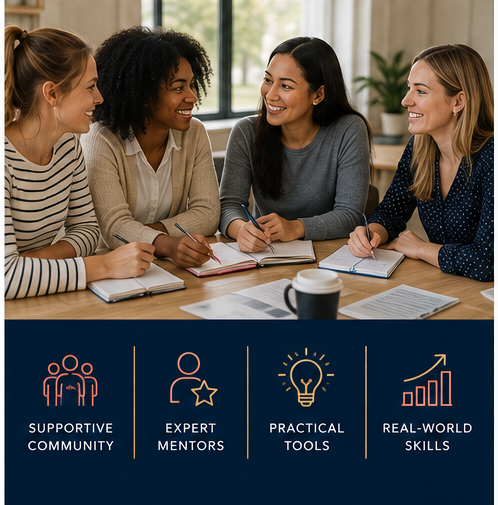 Four women sitting at a table having a discussion, with notes and a coffee cup in front of them, promoting community, mentorship, practical tools, and real-world skills.