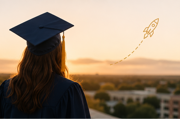 A female graduate with long hair wearing a blue cap and gown, looking at a sunset with a rocket icon in the sky.