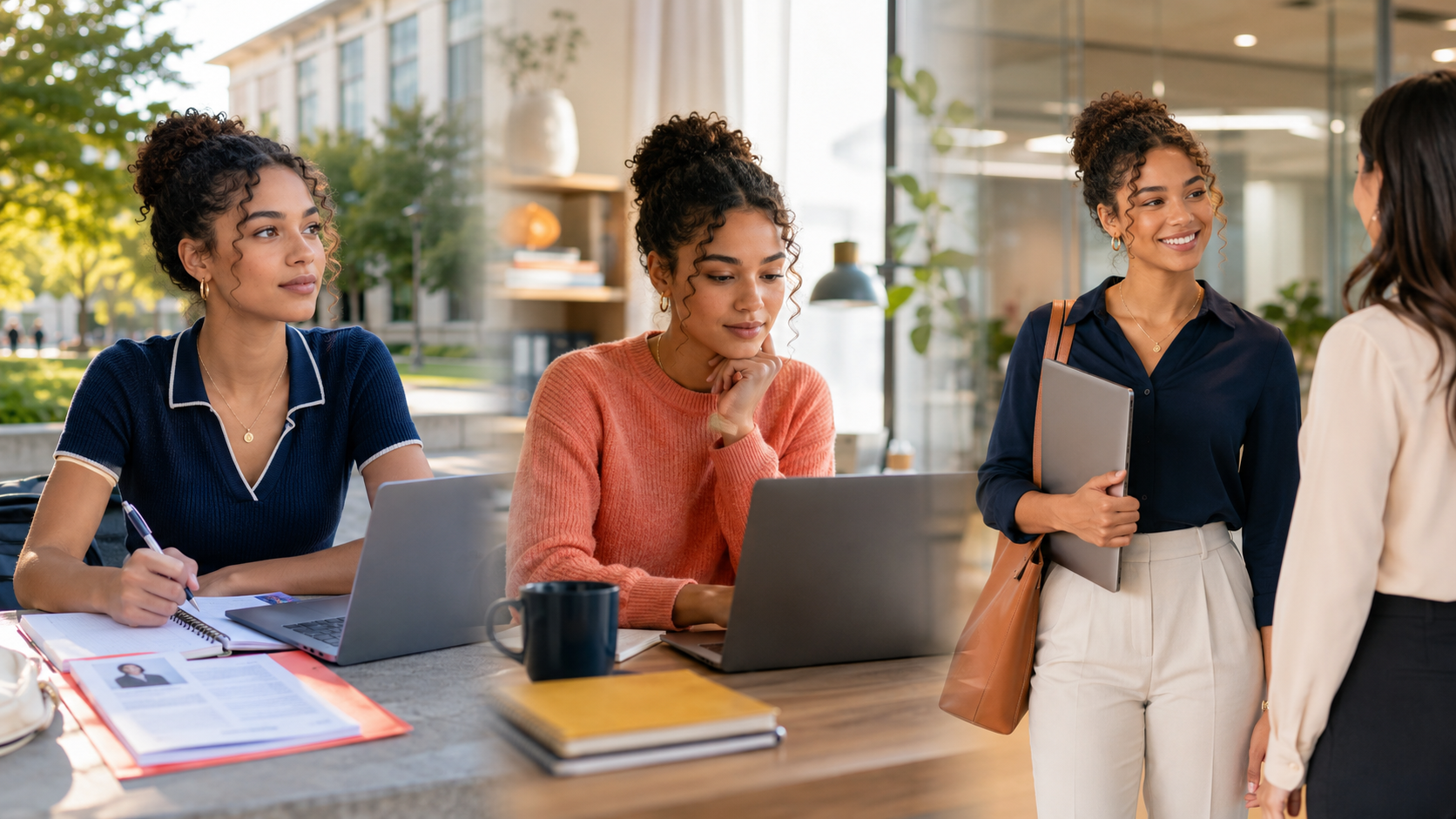 Three women sitting at a table with laptops and notebooks outside, and two women standing and talking inside, in a modern office environment with glass walls and plants.