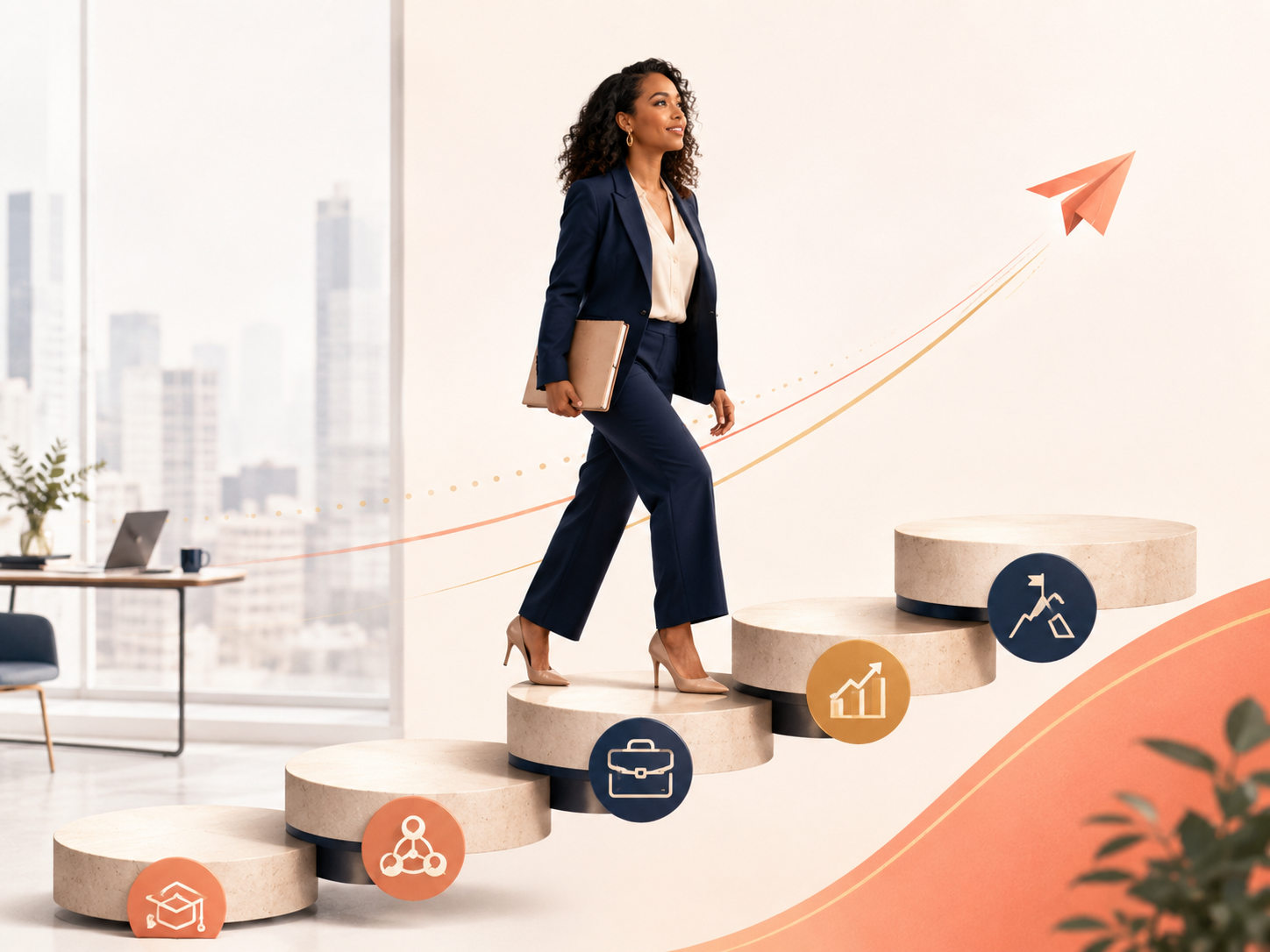 Businesswoman climbing upward steps with icons representing growth and progress, in office with city view.