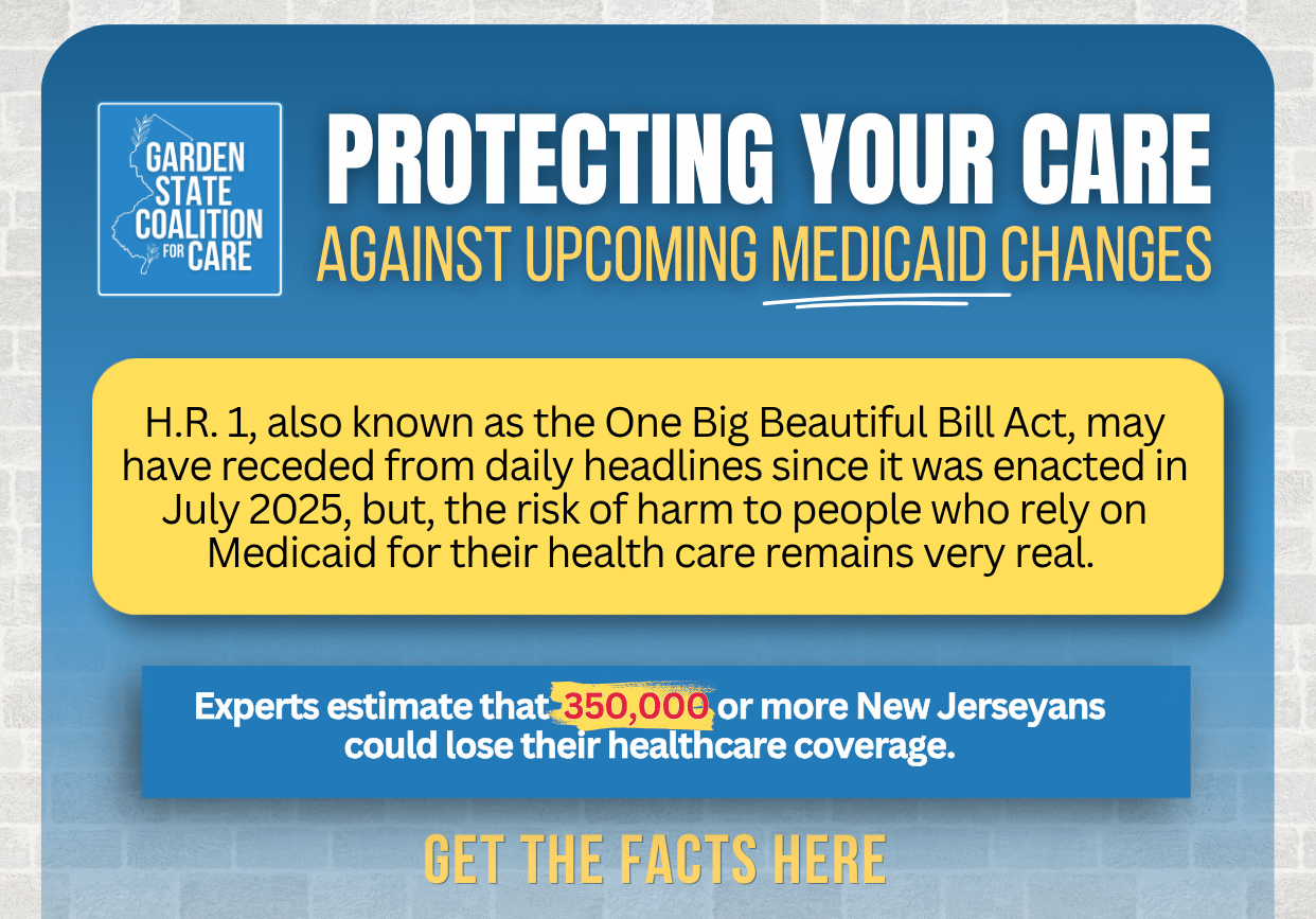 Blue and yellow graphic with text about Protecting care