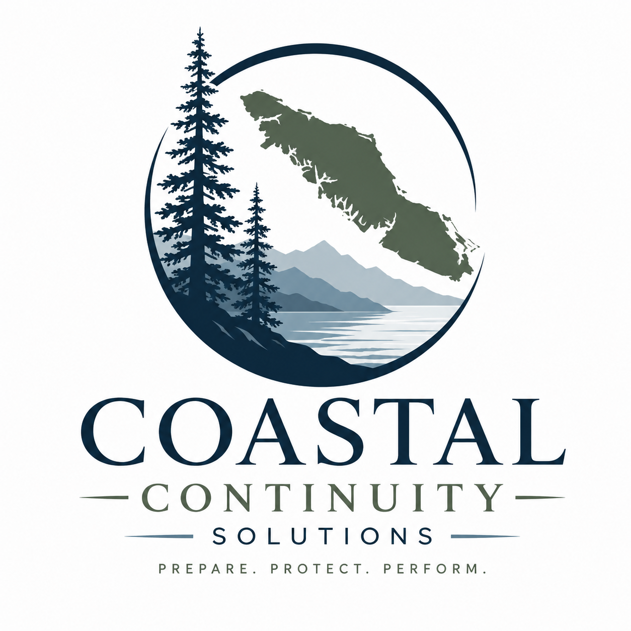 A logo featuring pine trees, mountains, and water with the text 'Coastal Continuity Solutions' and the tagline 'Prepare. Protect. Perform.'