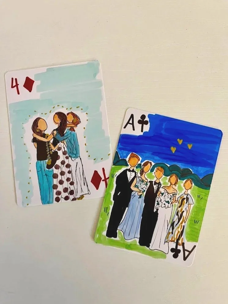 Illustrated playing cards, the four of diamonds and the ace of clubs, feature wedding scenes with faceless characters in formal attire.