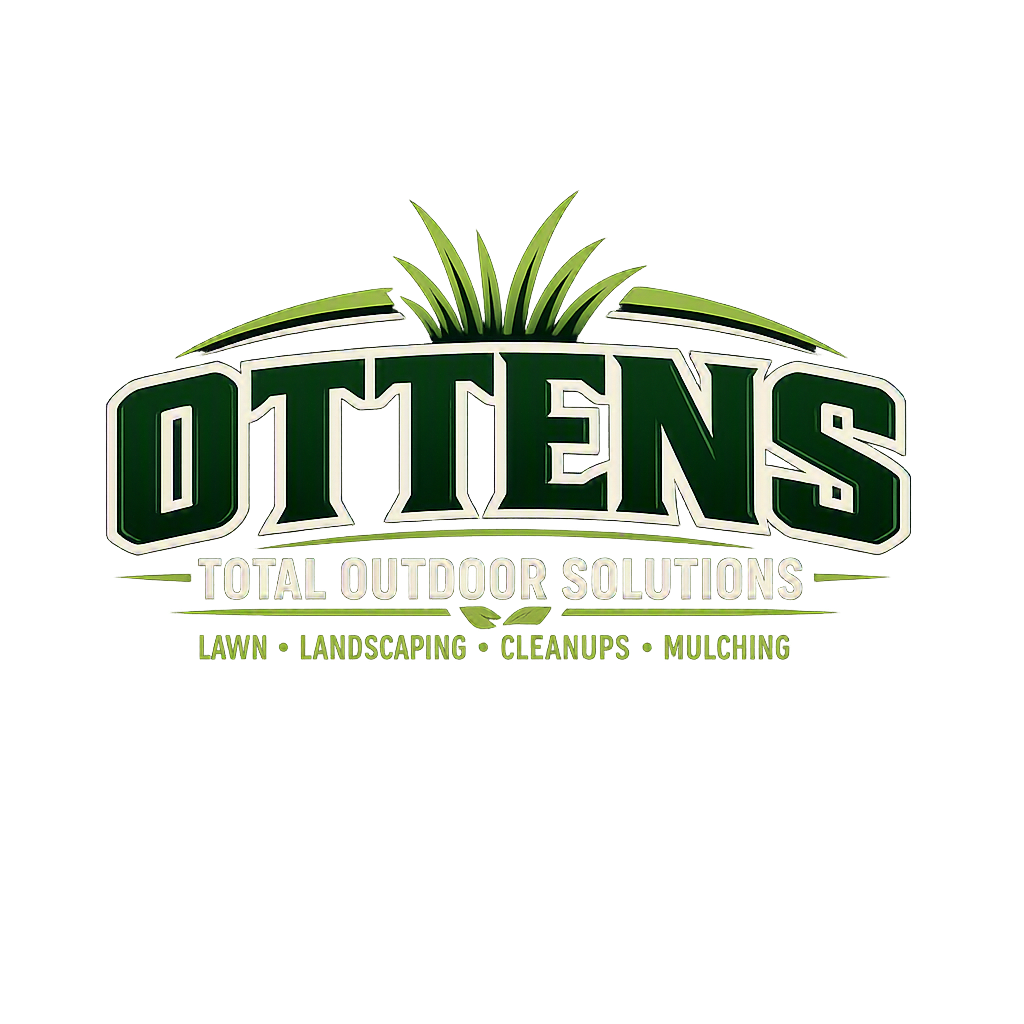Logo for OTTENS Total Outdoor Solutions featuring green and white text, an image of grass, and a list of services including lawn, landscaping, cleanups, and mulching.