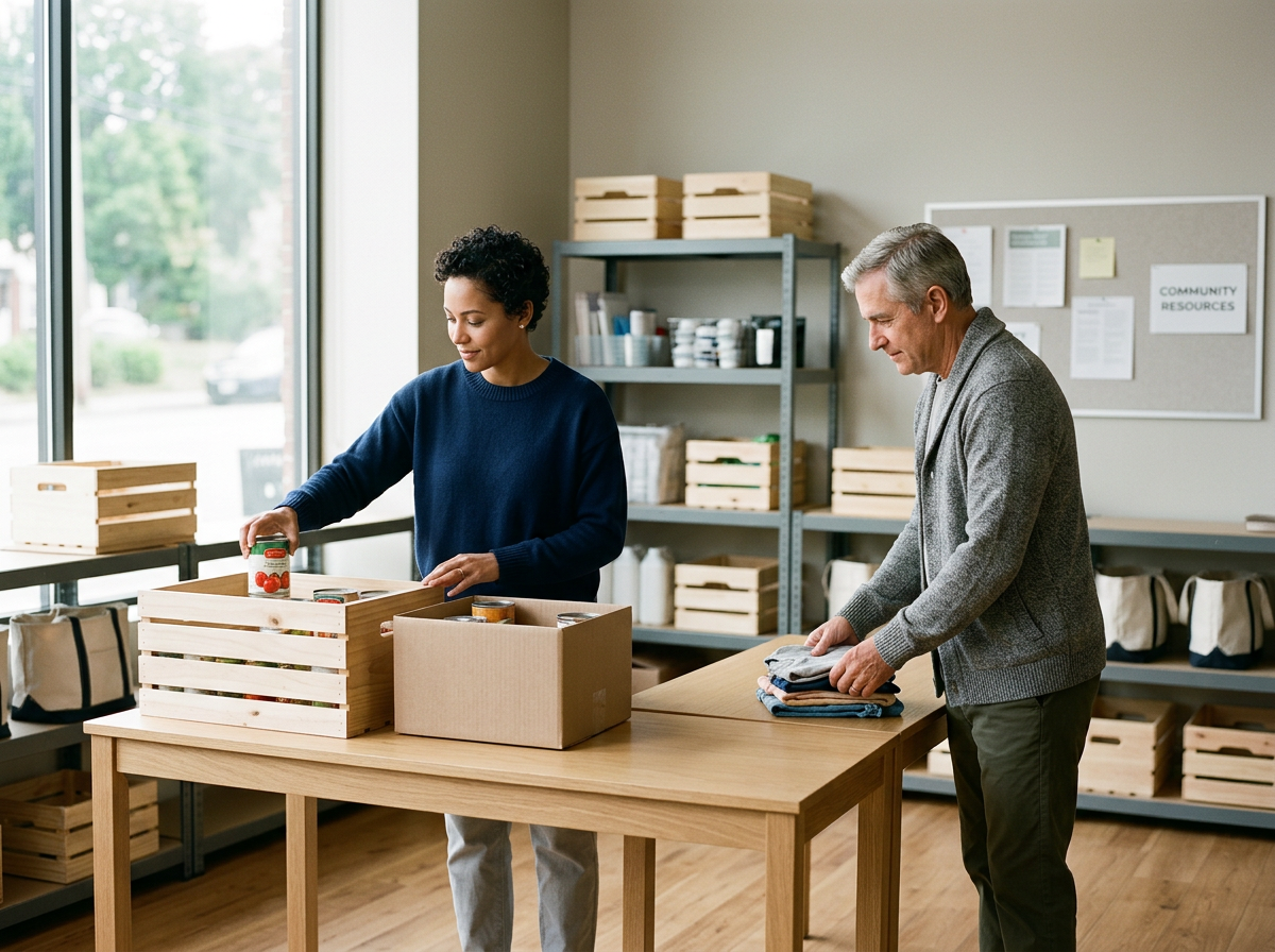 Two people sorting and packing items in a community resource room with shelves of supplies and a bulletin board