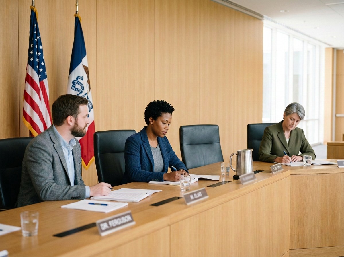 Three city council members sitting in City Council chambers during a city council meeting.