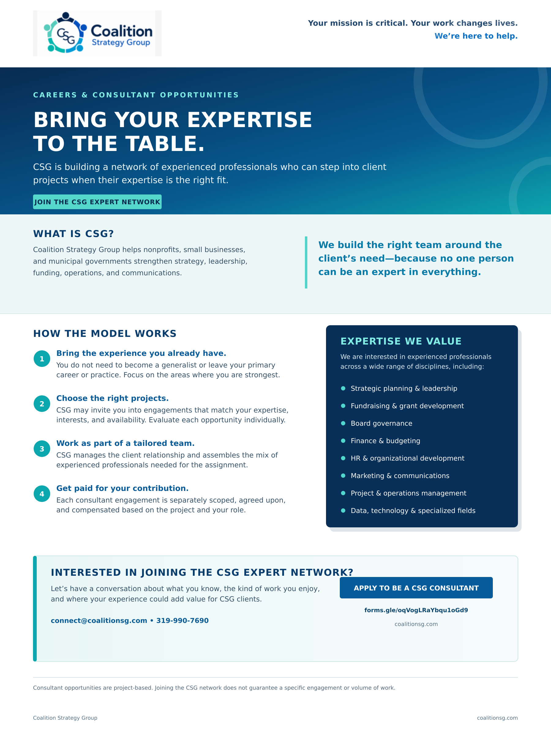 A webpage for Coalition Strategy Group. It features a logo, a headline about expert opportunities, and sections explaining how they build teams around client needs, the types of expertise they value, and instructions to join their network. There is a call to action to apply as a CSG consultant and contact information at the bottom.