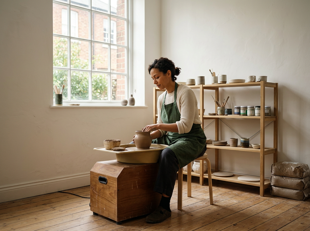 A woman sitting on a stool in a pottery studio, shaping clay on a wheel near a window with natural light, with shelves of pottery and jars in the background.