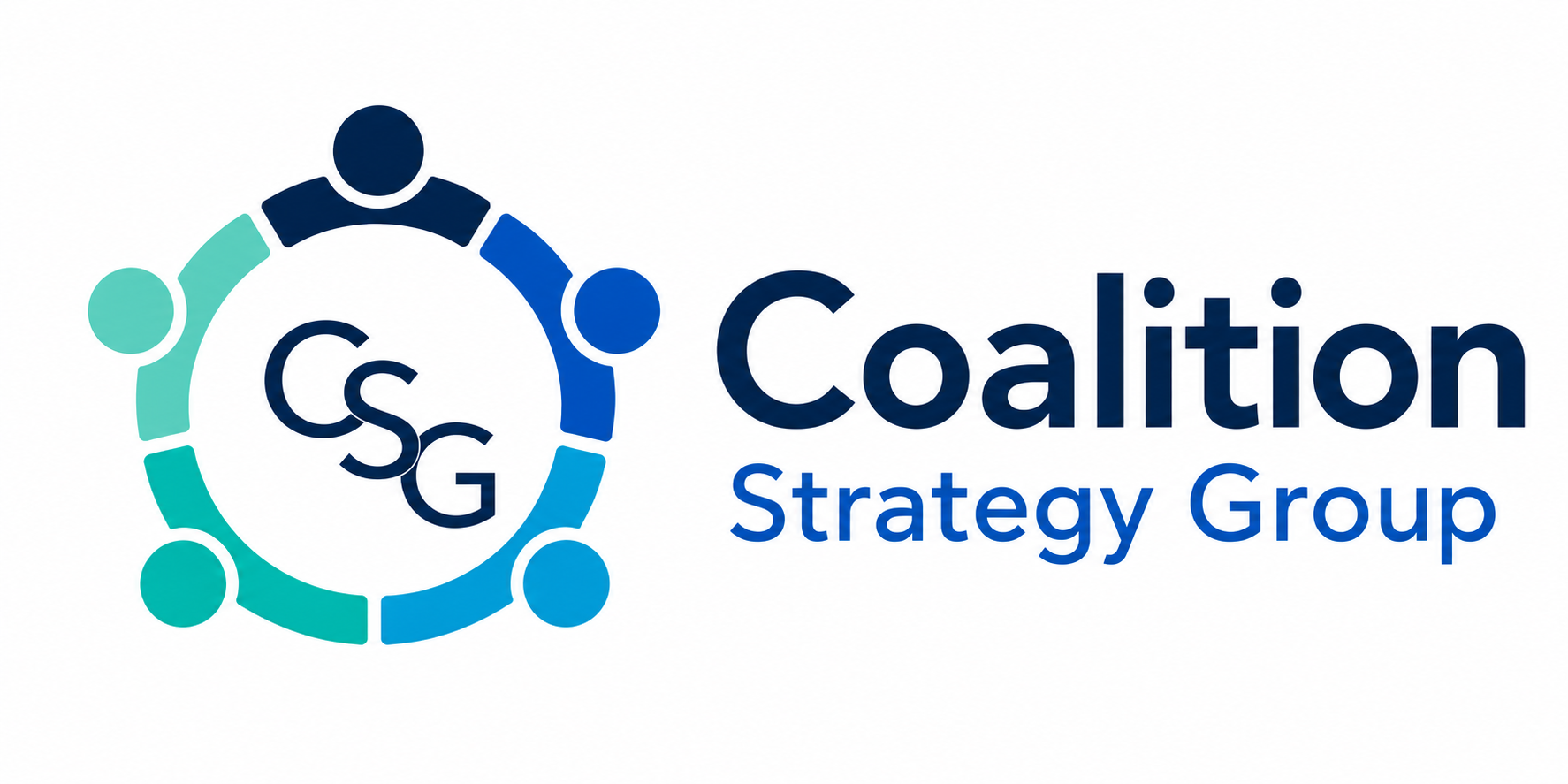 Logo of the Coalition Strategy Group featuring a circular design with interconnected segments and three human figures, accompanied by the text "Coalition Strategy Group".