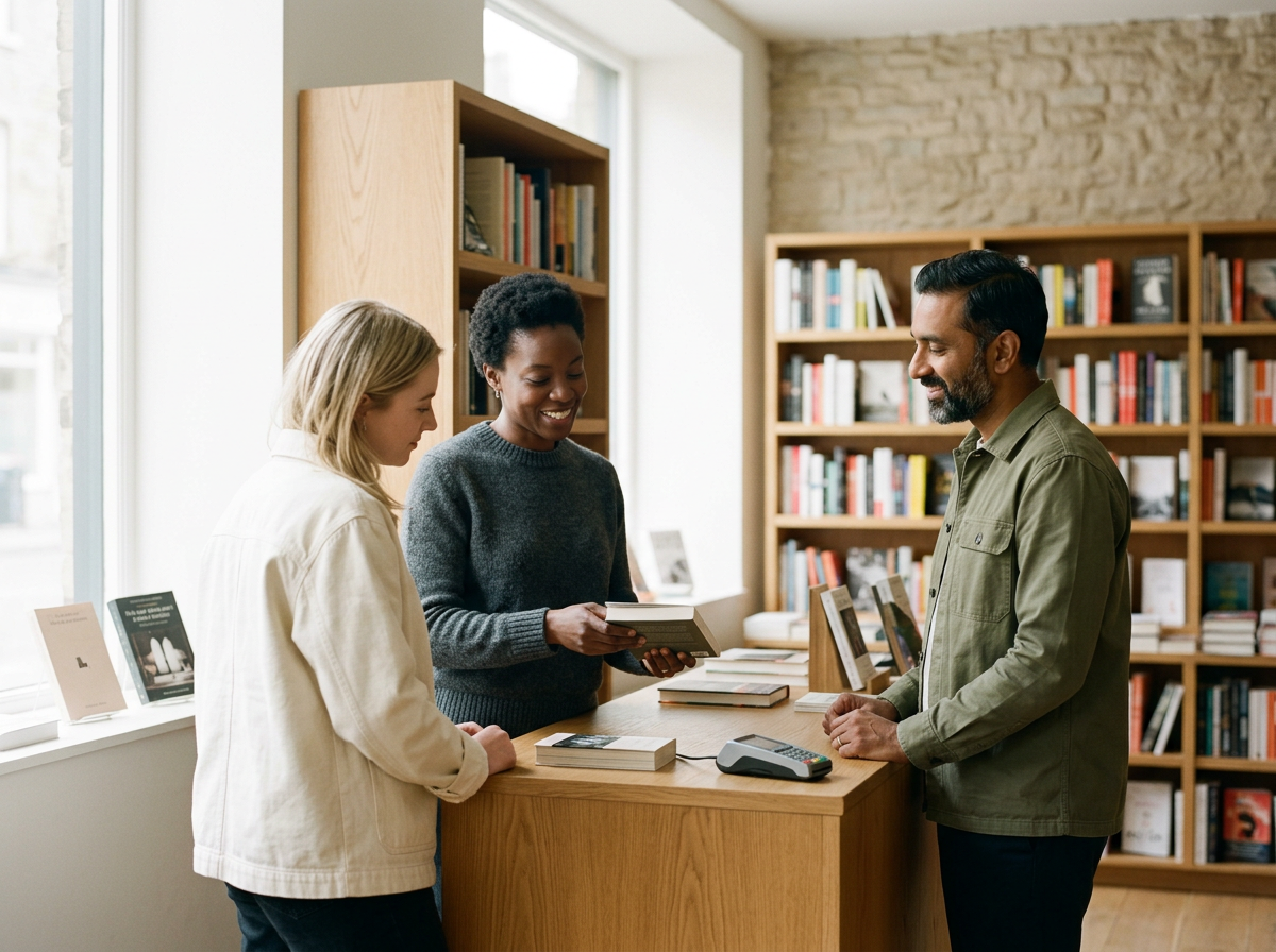 Three people interacting at a bookstore counter, with bookshelves and large windows in the background.