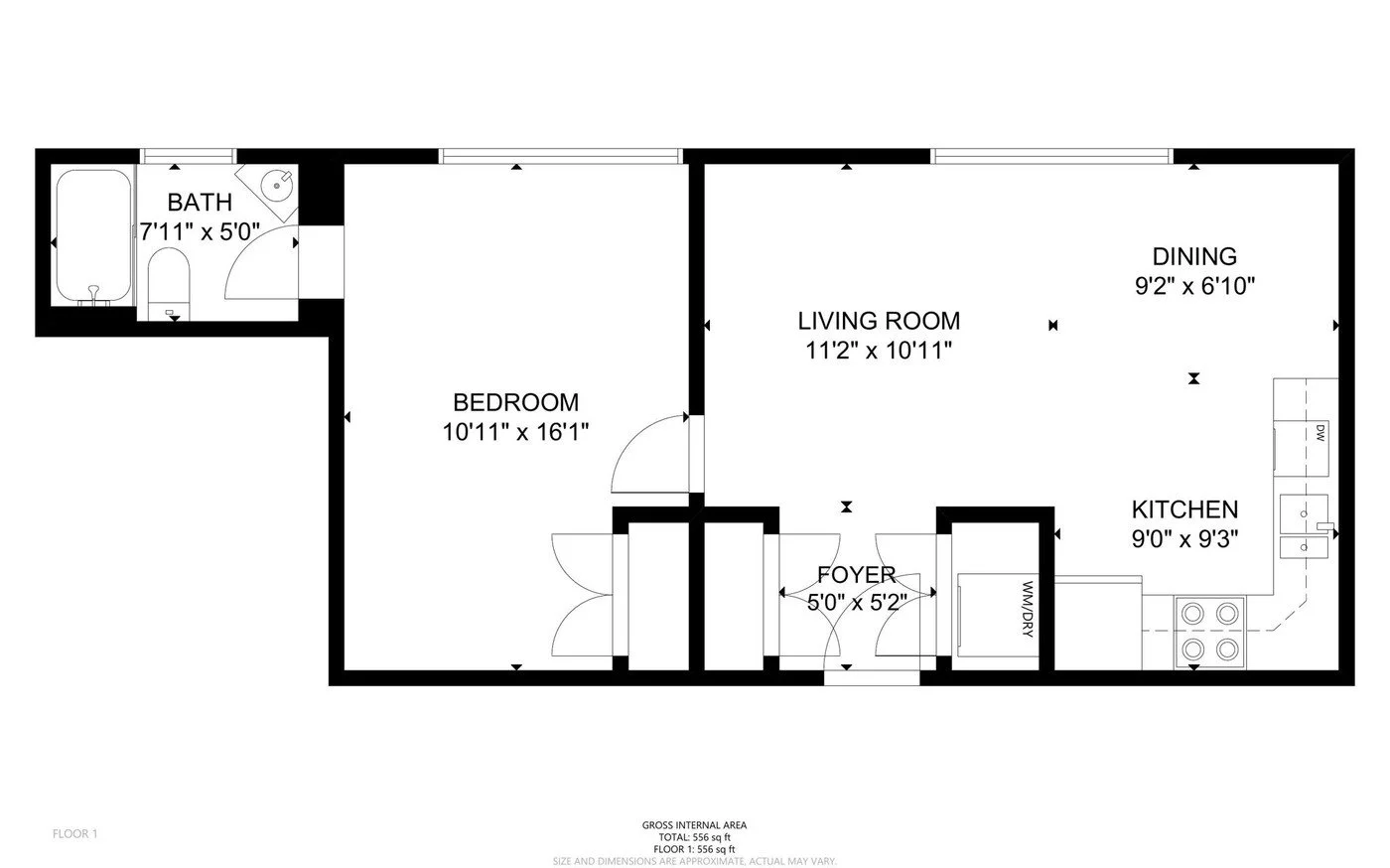 Unit 04 floor plan, 556 square feet, one bedroom one bath