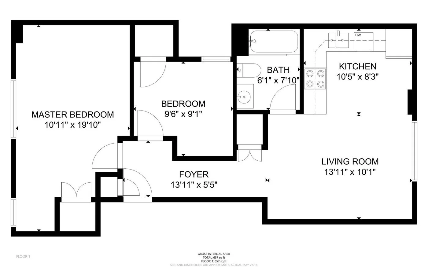 Unit 05 floor plan, 657 square feet, two bedroom one bath