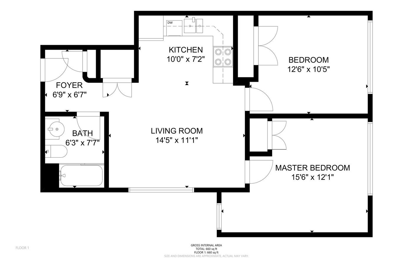 Unit 01 floor plan, 660 square feet, two bedroom one bath