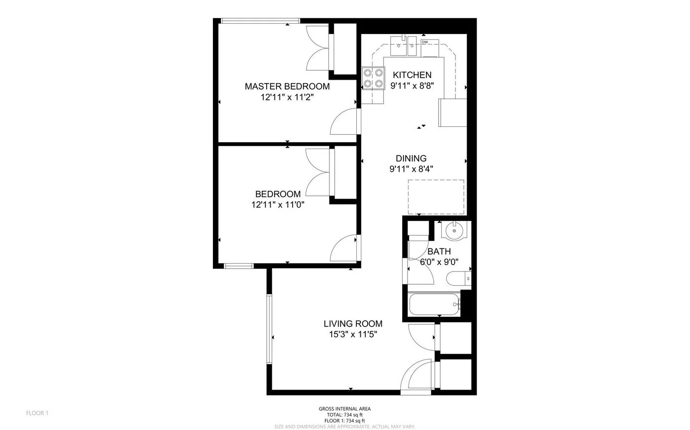 Unit 02 floor plan, 734 square feet, two bedroom one bath with dining room