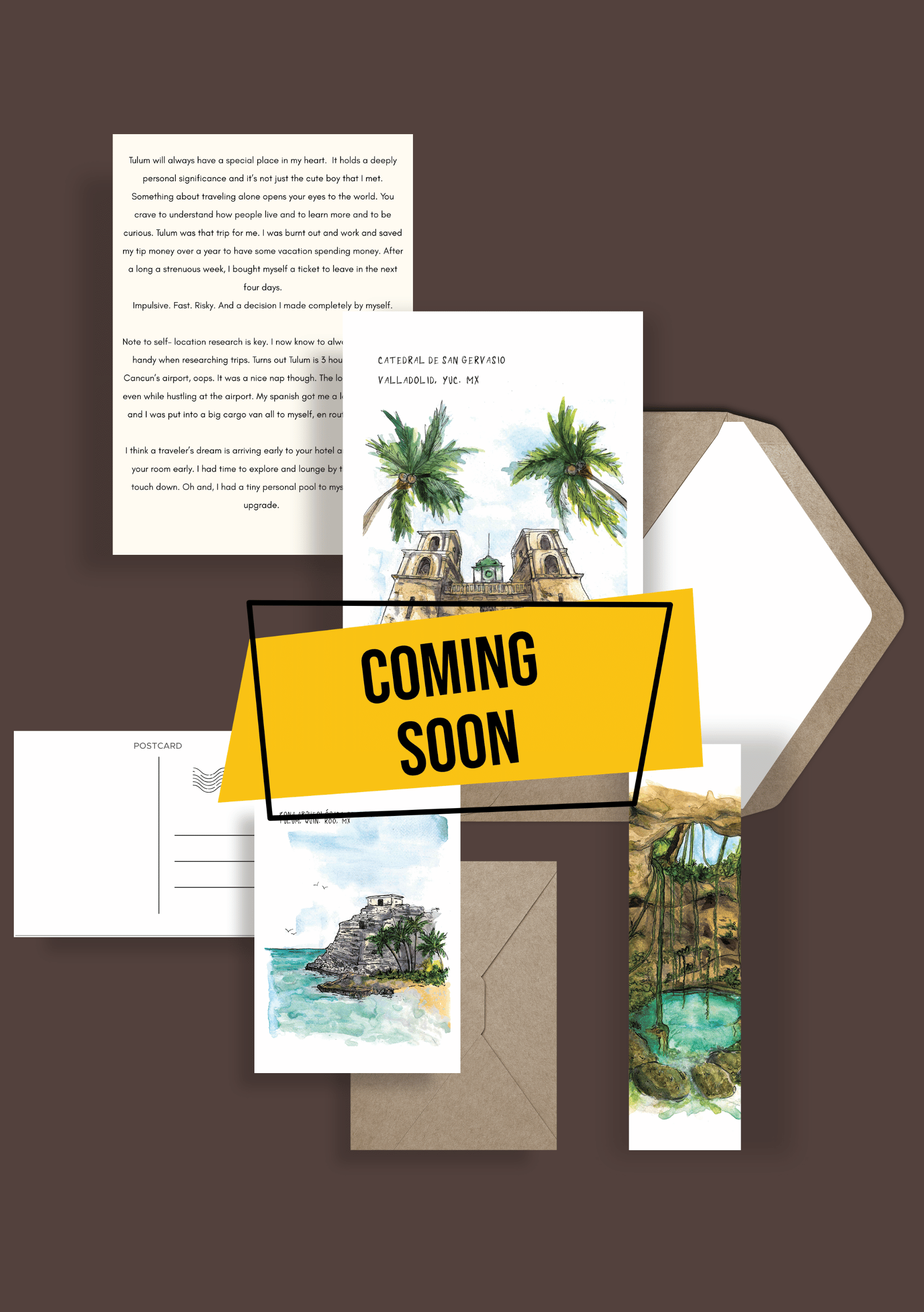 A collection of postcards and envelopes with travel-related images and texts, some with watercolor-style illustrations of landscapes, historical sites, and cityscapes. A yellow sign with black text reading "COMING SOON" partially covers the items.