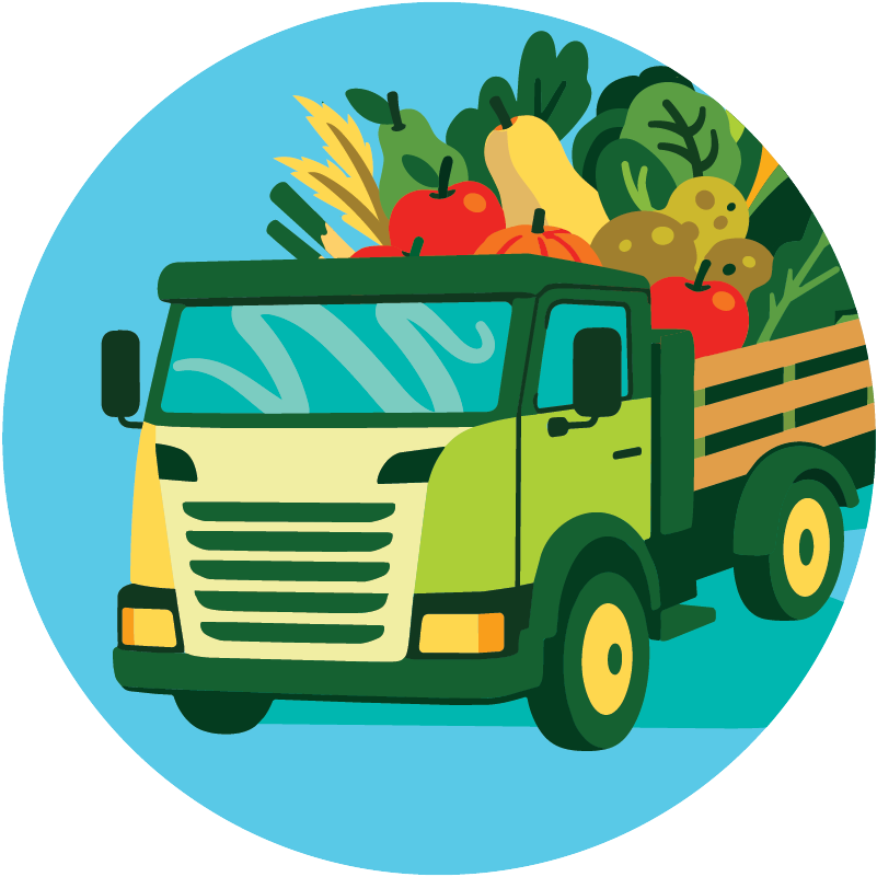 Green truck filled with various fruits and vegetables like apples, bananas, potatoes, and leafy greens, positioned on a light blue background.