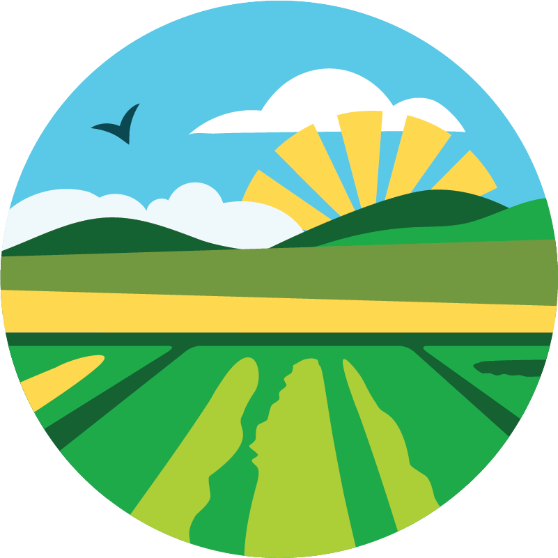 A stylized landscape featuring green farmland, rolling hills, a bright yellow sun partly covered by clouds, a blue sky, and a bird flying in the air.