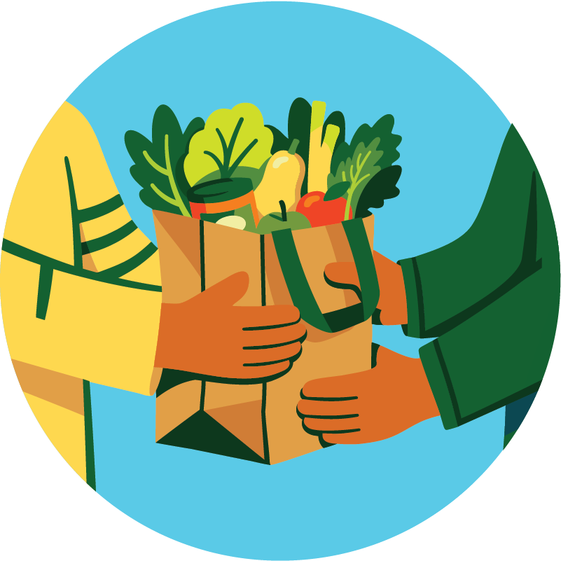 Two people exchanging a paper grocery bag filled with vegetables and produce.