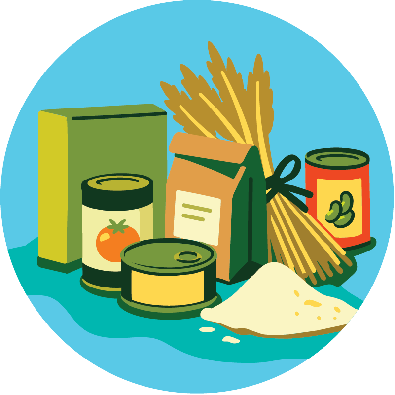Cartoon illustration of canned food, a box, a bag of pasta, a jar, and a pile of flour on a blue background.