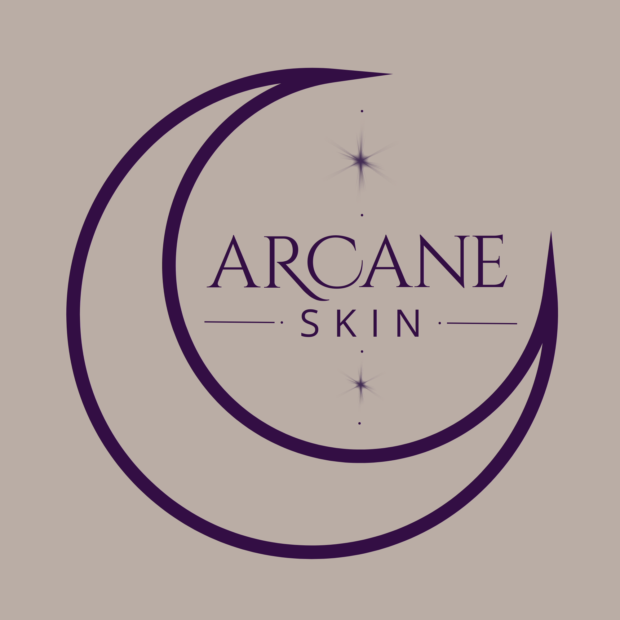 A logo with purple text saying 'Arcane' and the word 'Skin' underneath, surrounded by circular purple arcs and stars on a beige background.