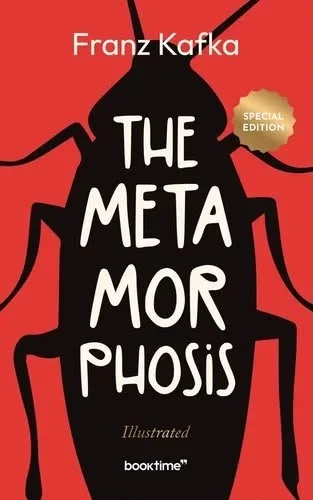 Cover of the book 'The Metamorphosis' by Franz Kafka, published by Booktime, with a red background and black silhouette of an insect.