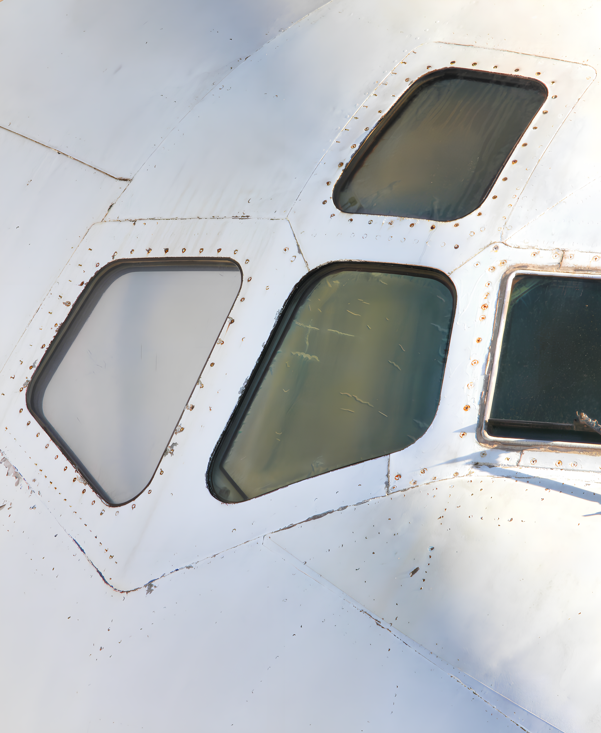 Airplane cockpit window with a riveted metal surface available for distribution.