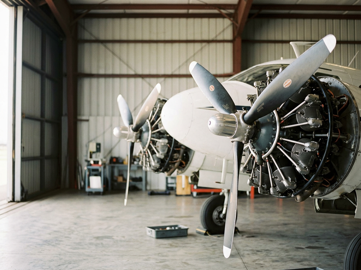 Aircraft propellers mounted on airplane engines inside a hangar with tools and equipment. Available for sale!
