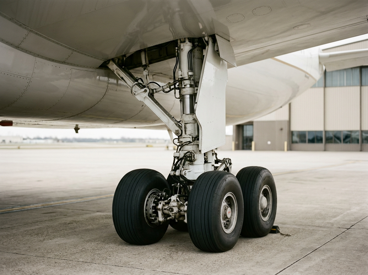Airplane's landing gear on the tarmac, showing wheels and hydraulic components, purchase yours now.