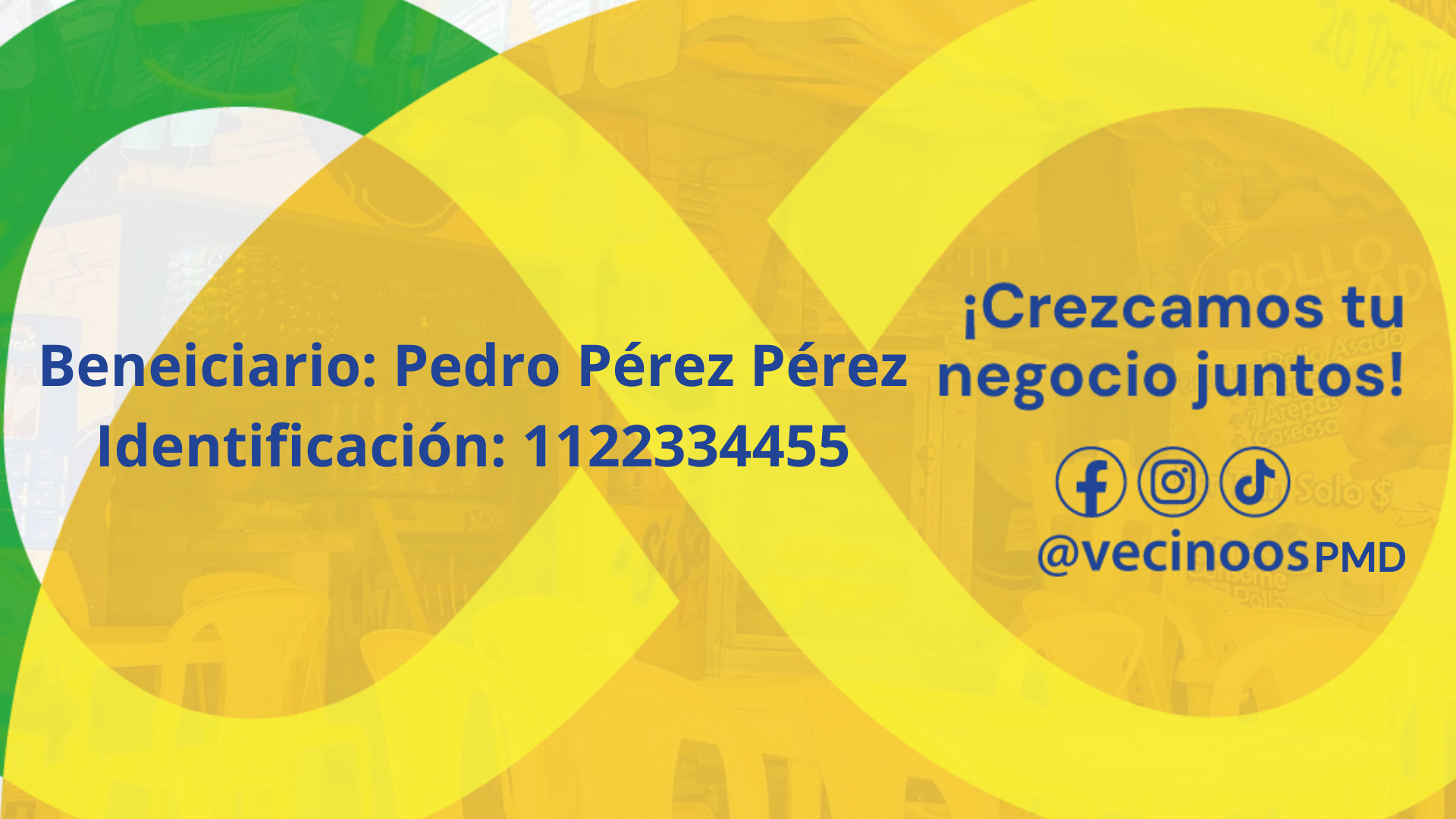 Tarjeta de agradecimiento por un donativo, con información de contacto y redes sociales