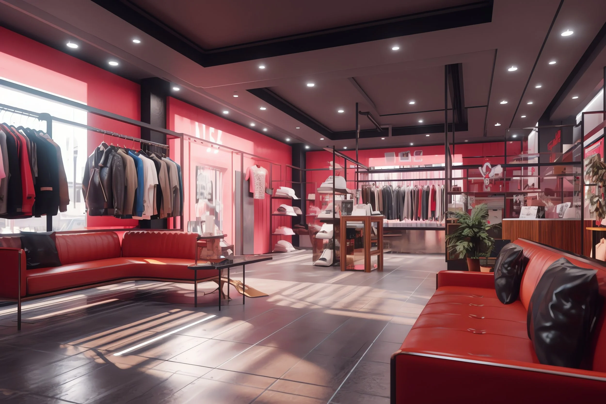 Interiores de una tienda de ropa con estantes y sillones rojos, ropa en exhibición y plantas decorativas.