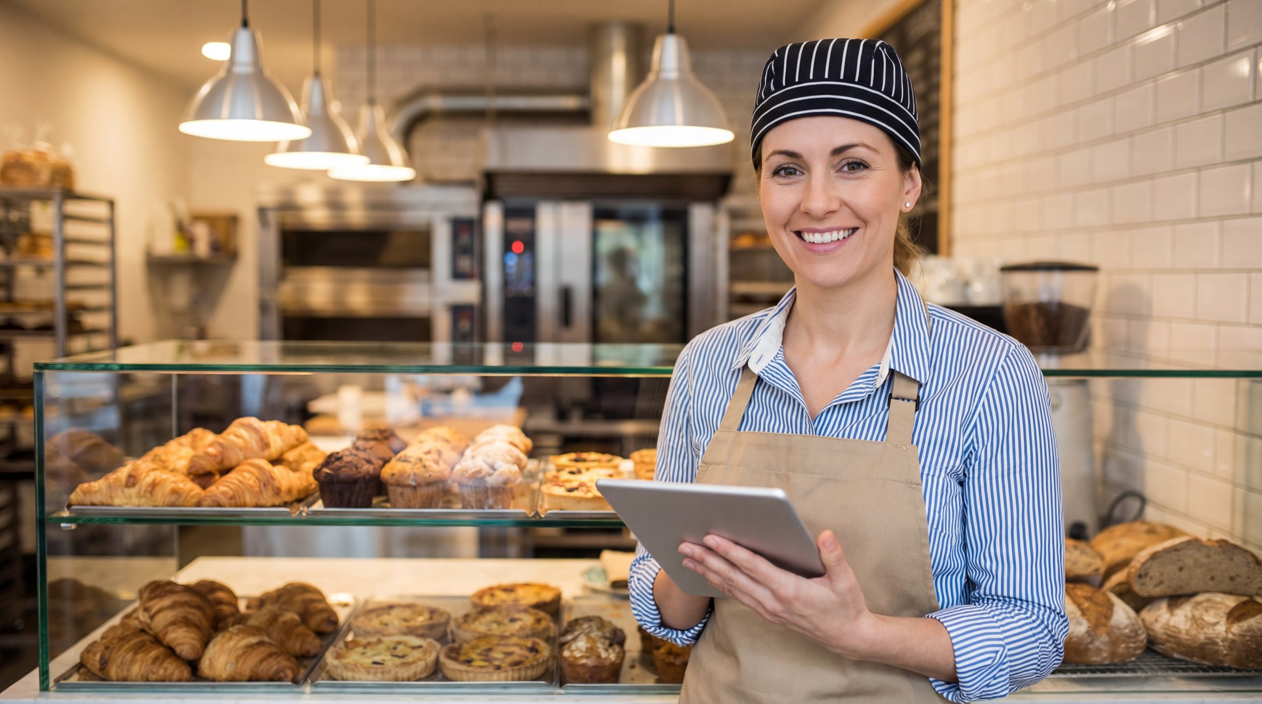 Mujer sonriente en una panadería, sosteniendo una tableta, frente a una exhibición de croissants y otros productos horneados.