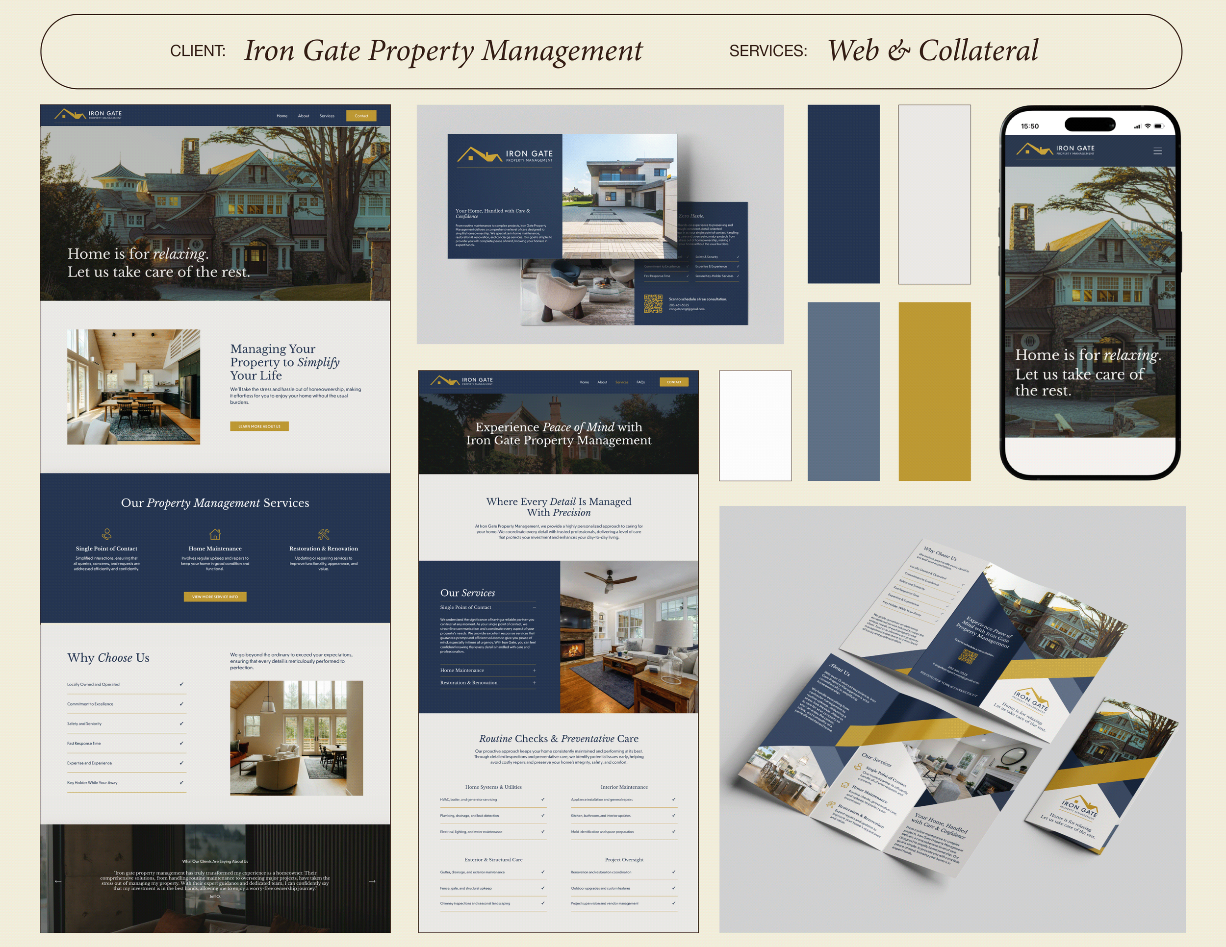 Iron Gate Property Management portfolio slide showcasing custom high-end, modern web design and printed business collateral designed by Maya Noelle Designs..