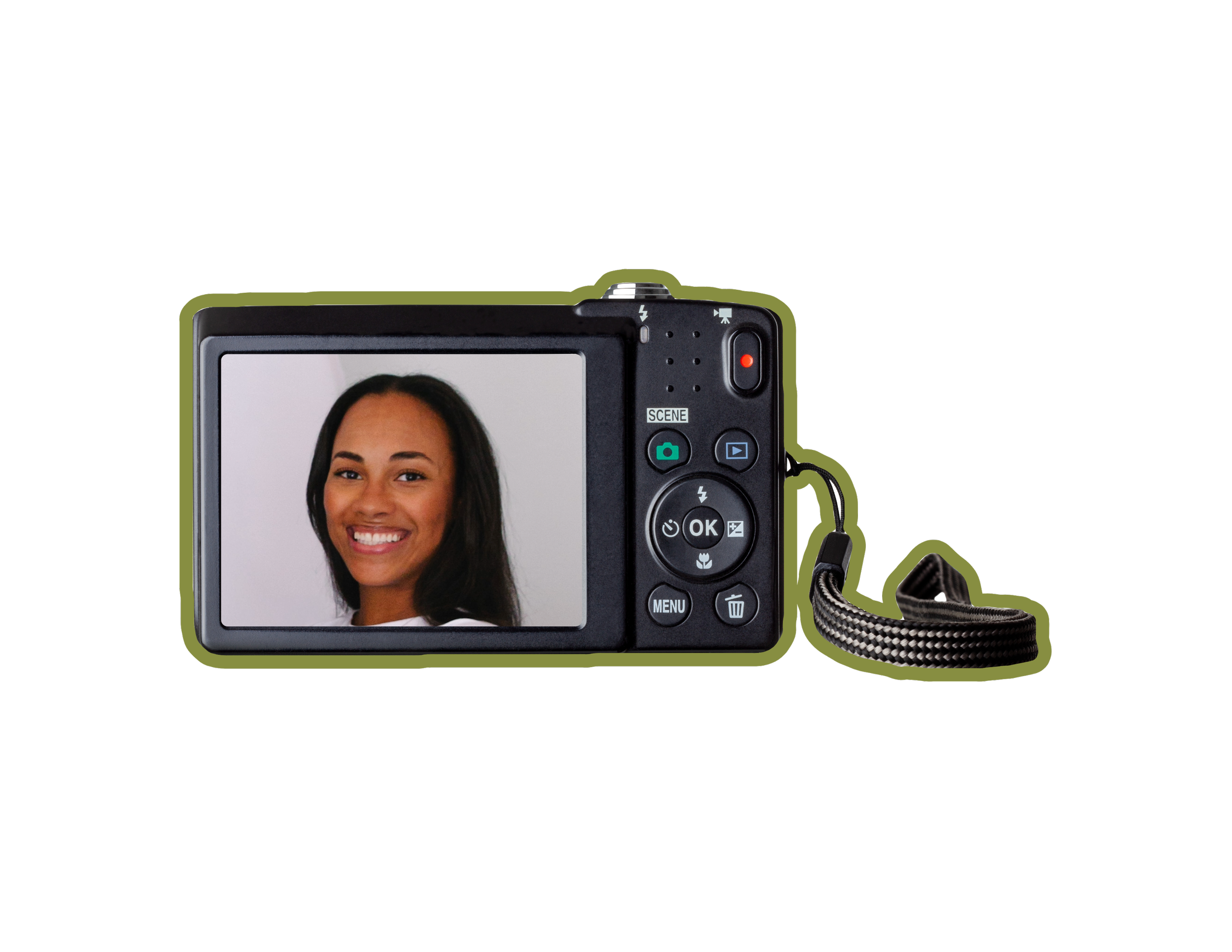 Professional portrait of designer Maya displayed on the back digital screen of a camera.displayed inside a camera