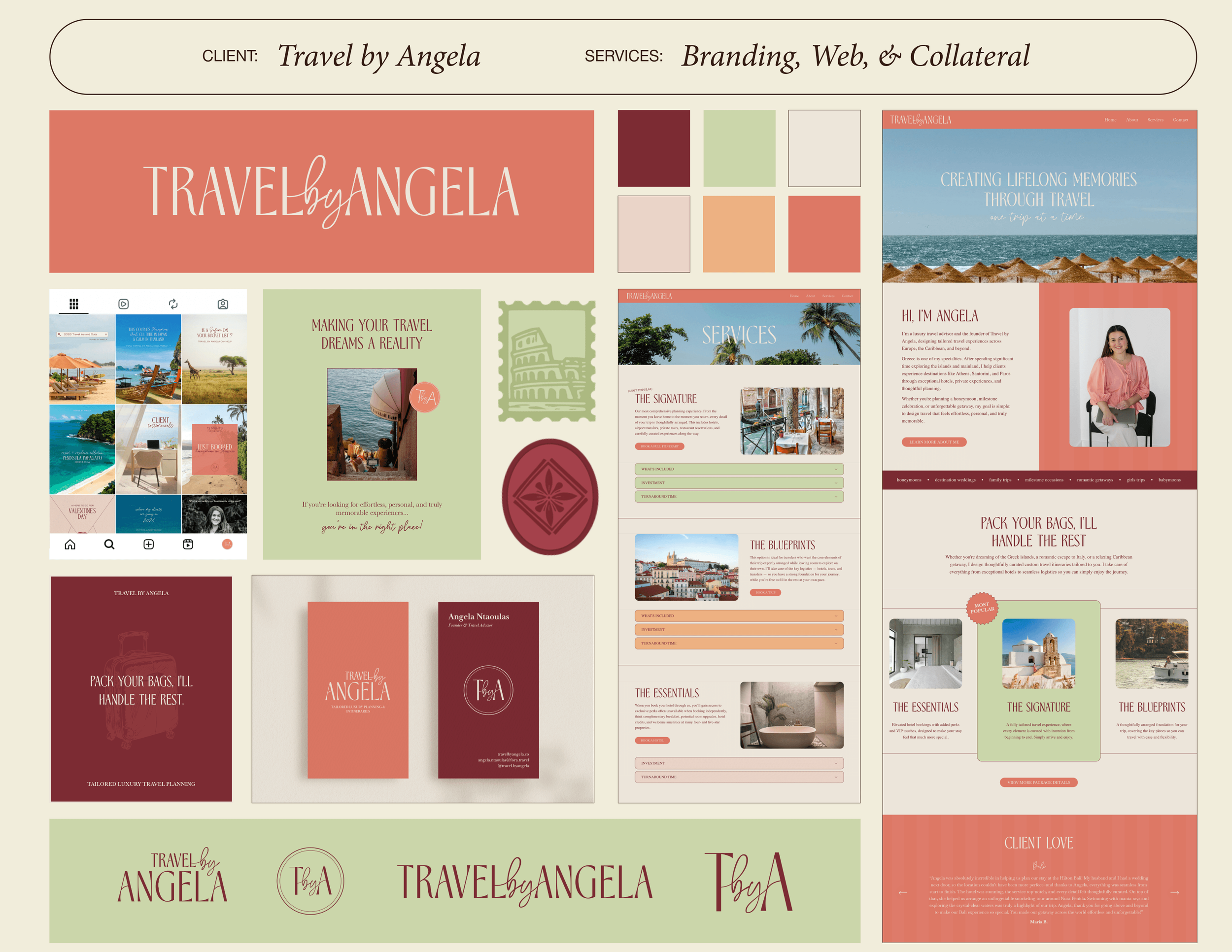 Travel by Angela portfolio moodboard featuring luxury yet lively travel advisor branding, custom website layout, and marketing collateral designed by Maya Noelle Designs.
