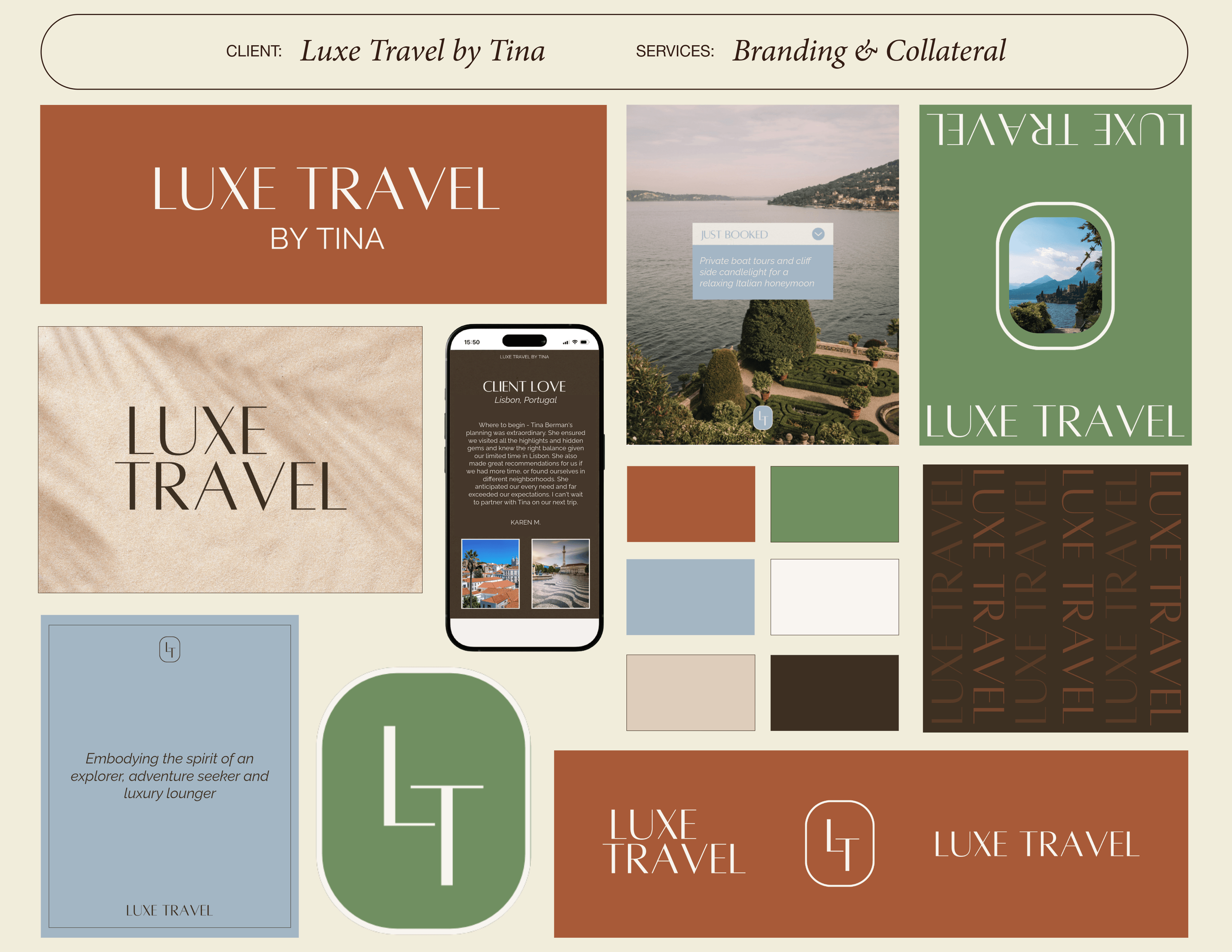 Luxe Travel by Tina moodboard displaying luxury destination travel advisor logo branding and custom social media templates designed by Maya Noelle Designs..