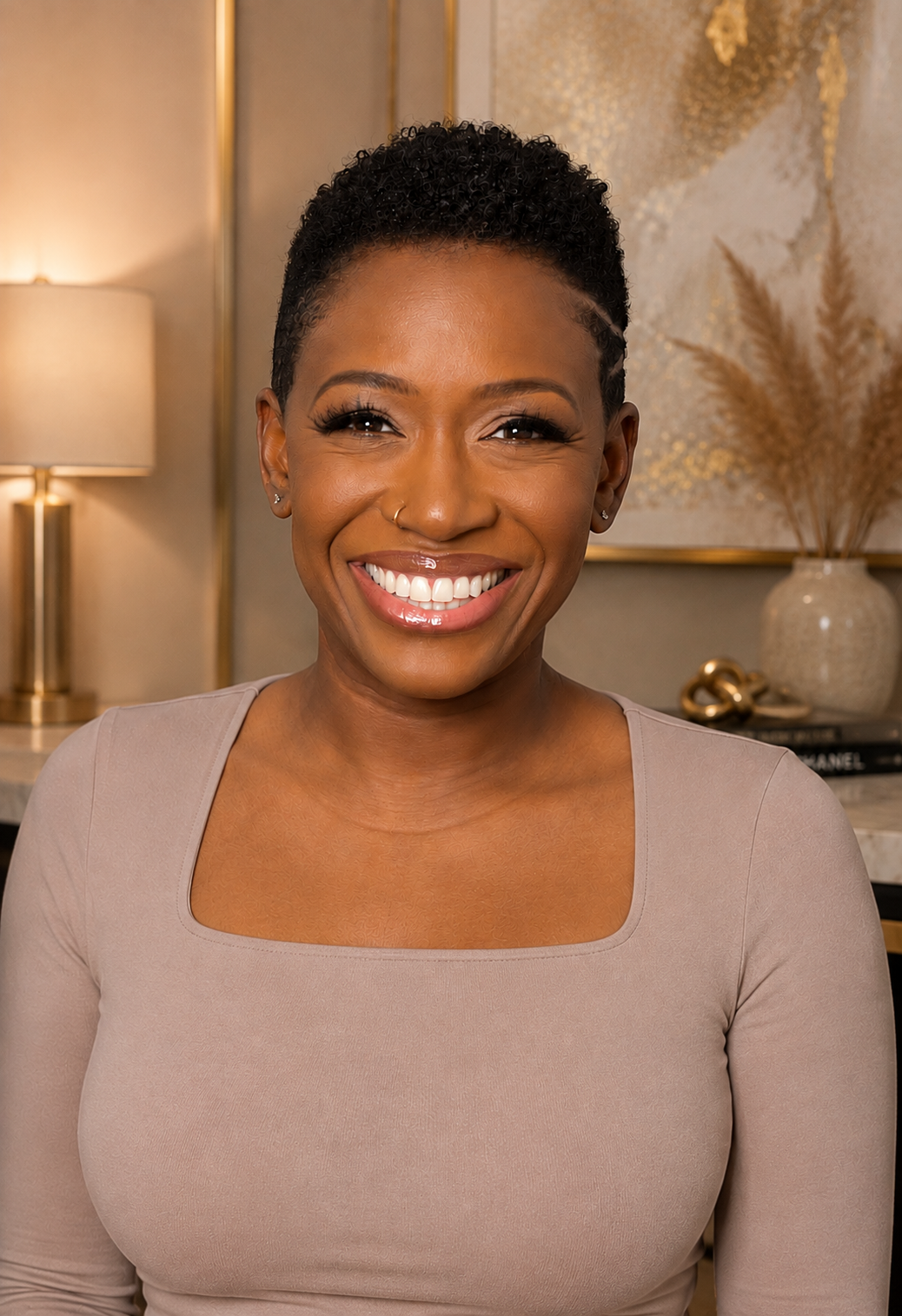 Dileesa Archer, founder and creative director of Dileesa's Vocal Academy. She is Black woman with short curly hair, smiling, wearing a beige long sleeve shirt, sitting in a room with warm lighting.