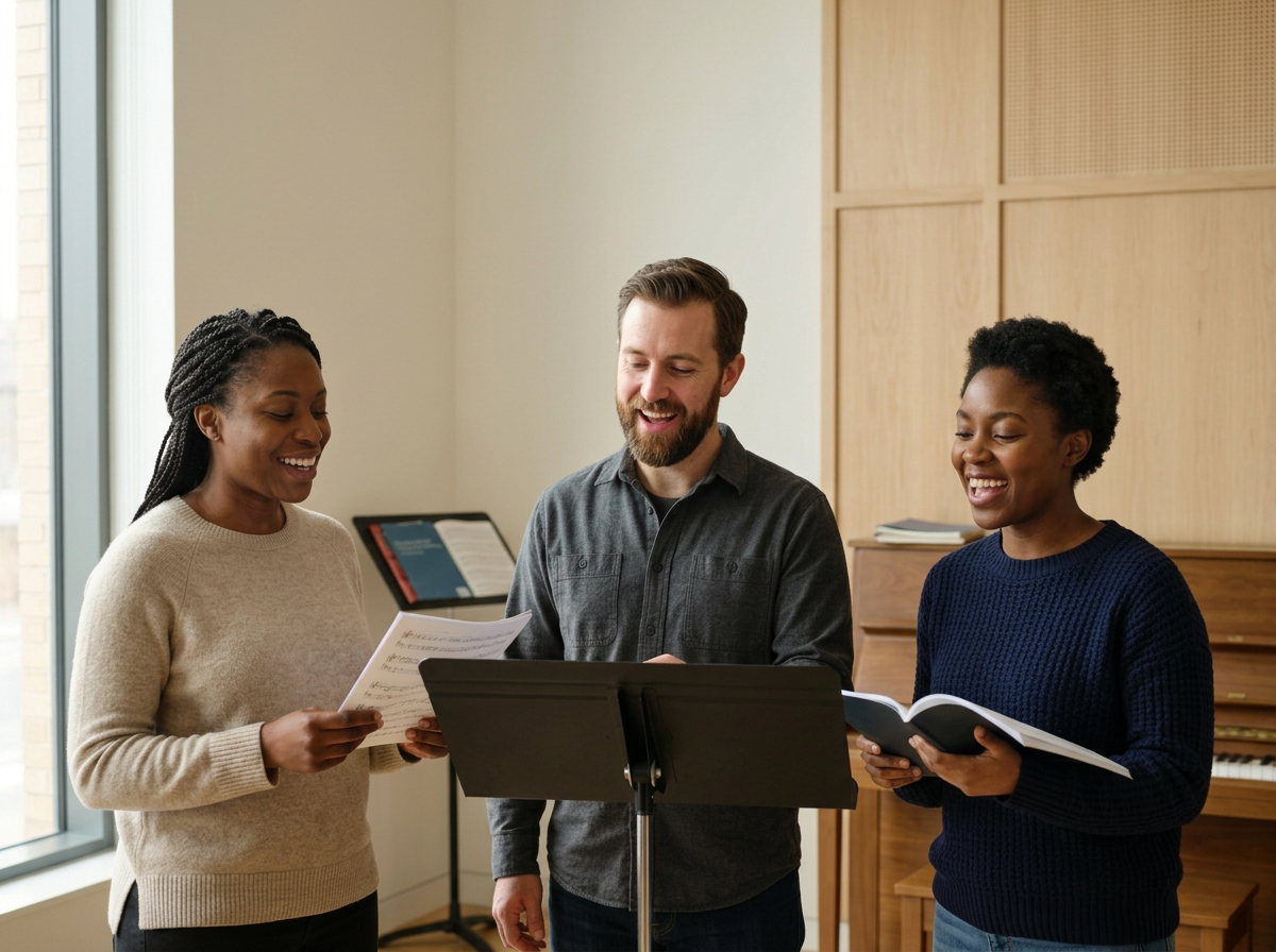 Three adults, two women and one man, standing together in a rehearsal room, holding sheet music and singing together with smiles. (AI generated image to demonstrate the class offerings)
