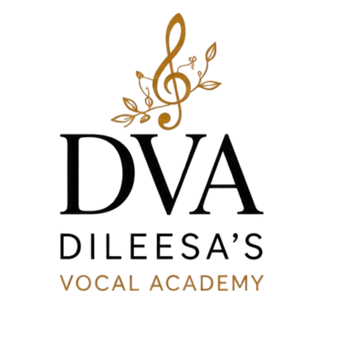 Dileesa's Vocal Academy logo featuring black 'DVA'  lettering with a musical note and leaf motif above it, and the words 'Vocal Academy' below.