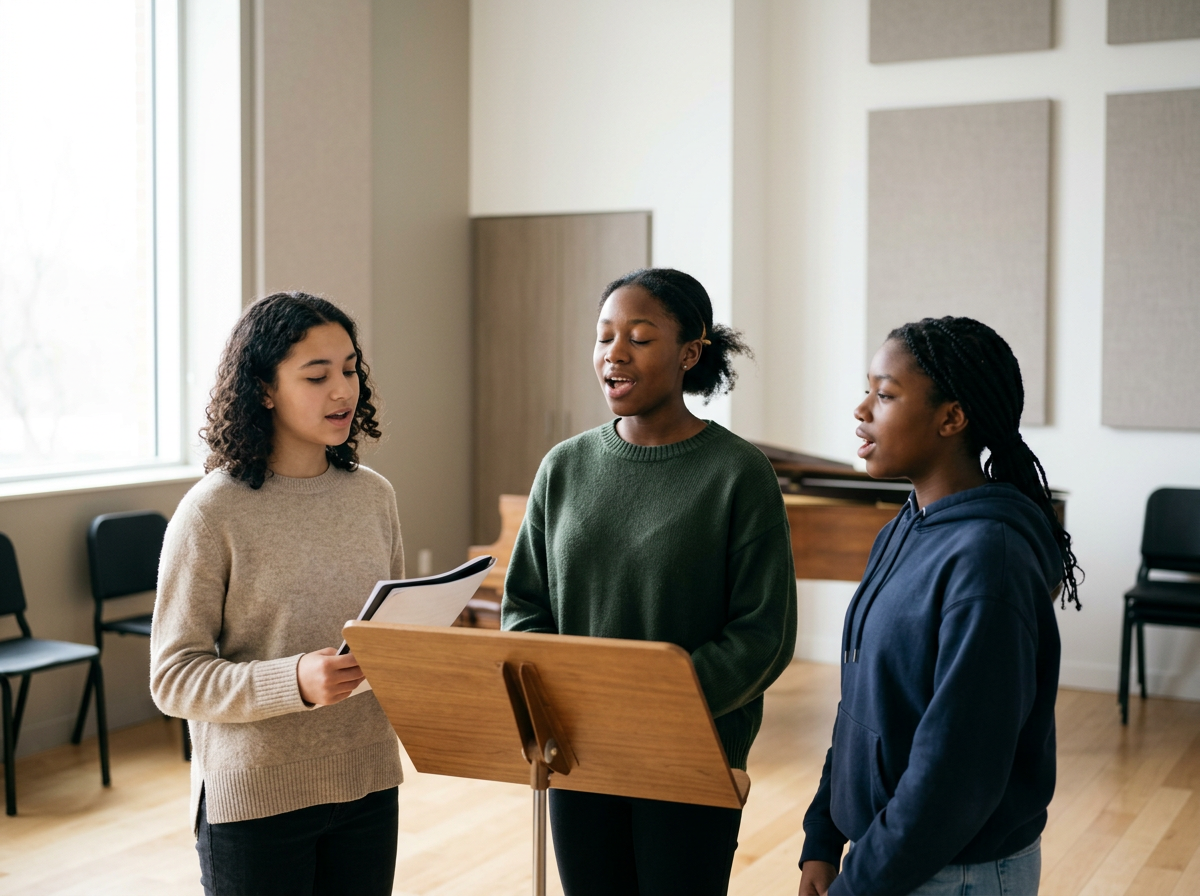 Three girls singing together in a music practice room, standing around a music stand with music sheets. (AI generated image to demonstrate the class offerings)