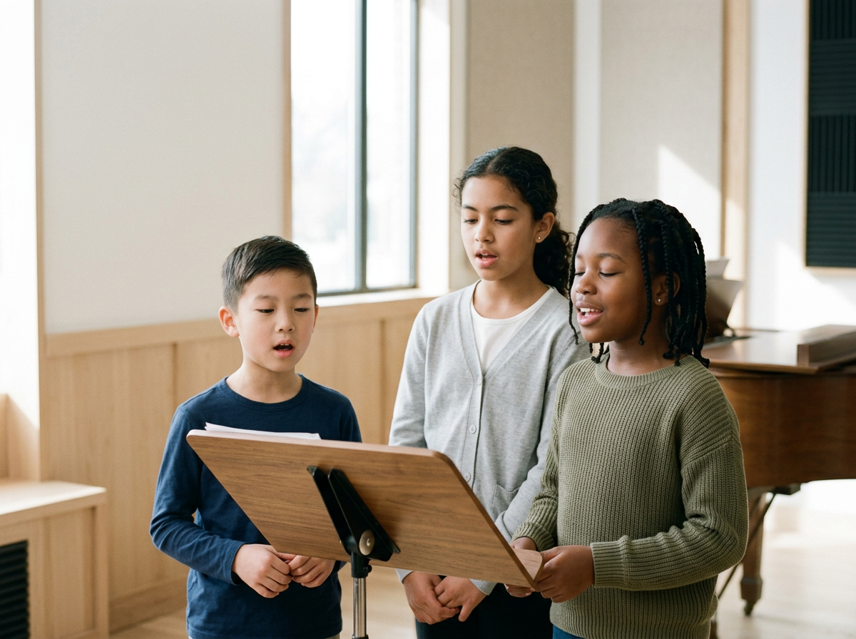 Three children singing or rehearsing with a music stand in a well-lit room. (AI generated image to demonstrate the class offerings)