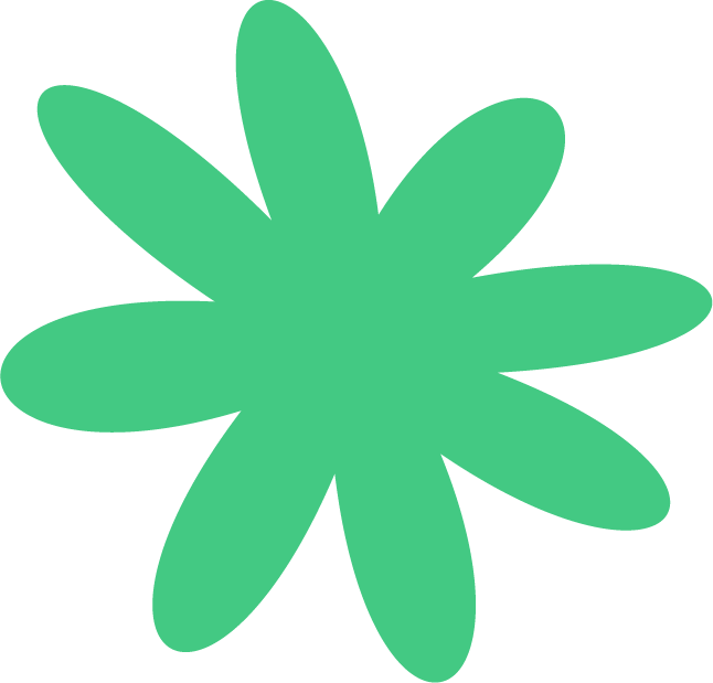 A green, stylized, abstract flower with elongated petals