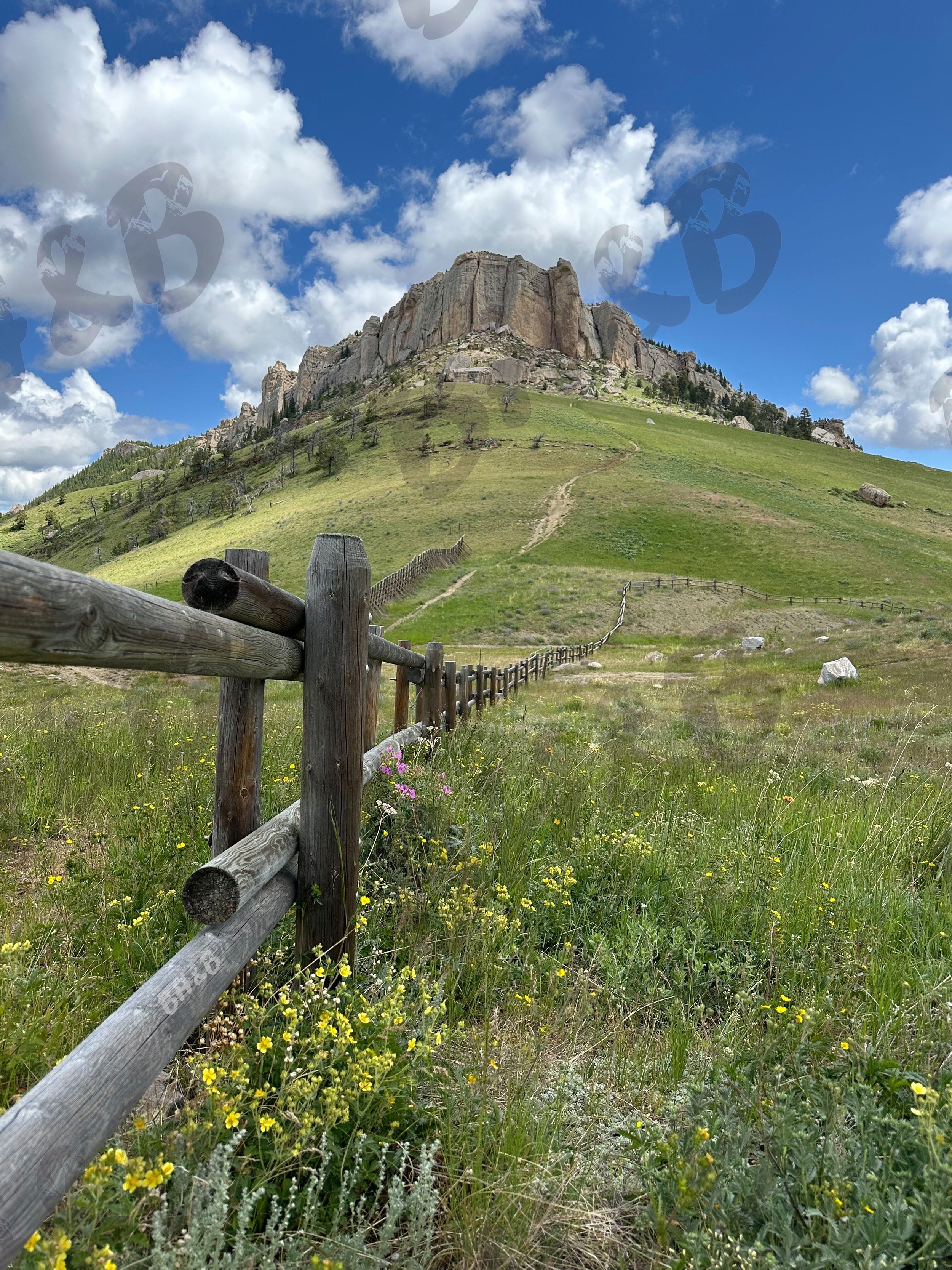 Steamboat Rock in the Big Horn Mountain range before the fire with wildflowers and a wooden fence under a partly cloudy blue sky
