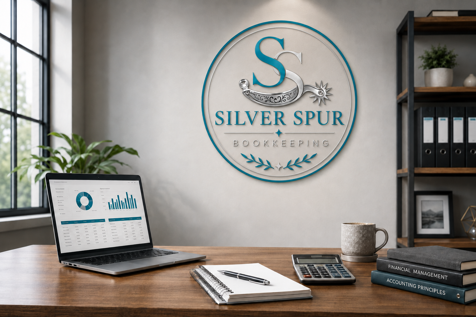 An office desk with a laptop displaying financial graphs, a notebook with a pen, a calculator, a coffee mug, and books titled 'Financial Management' and 'Accounting Principles'. In the background, a window and a shelf with binders and decorative items. A large wall sign reads 'Silver Spur Bookkeeping' with a logo.