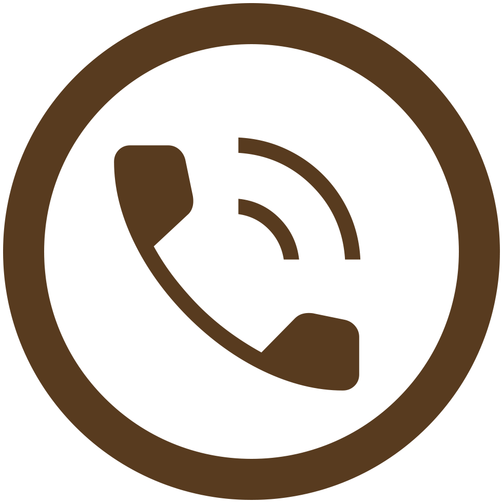 Icon of a telephone receiver inside a brown circle, representing phone contact or calling.